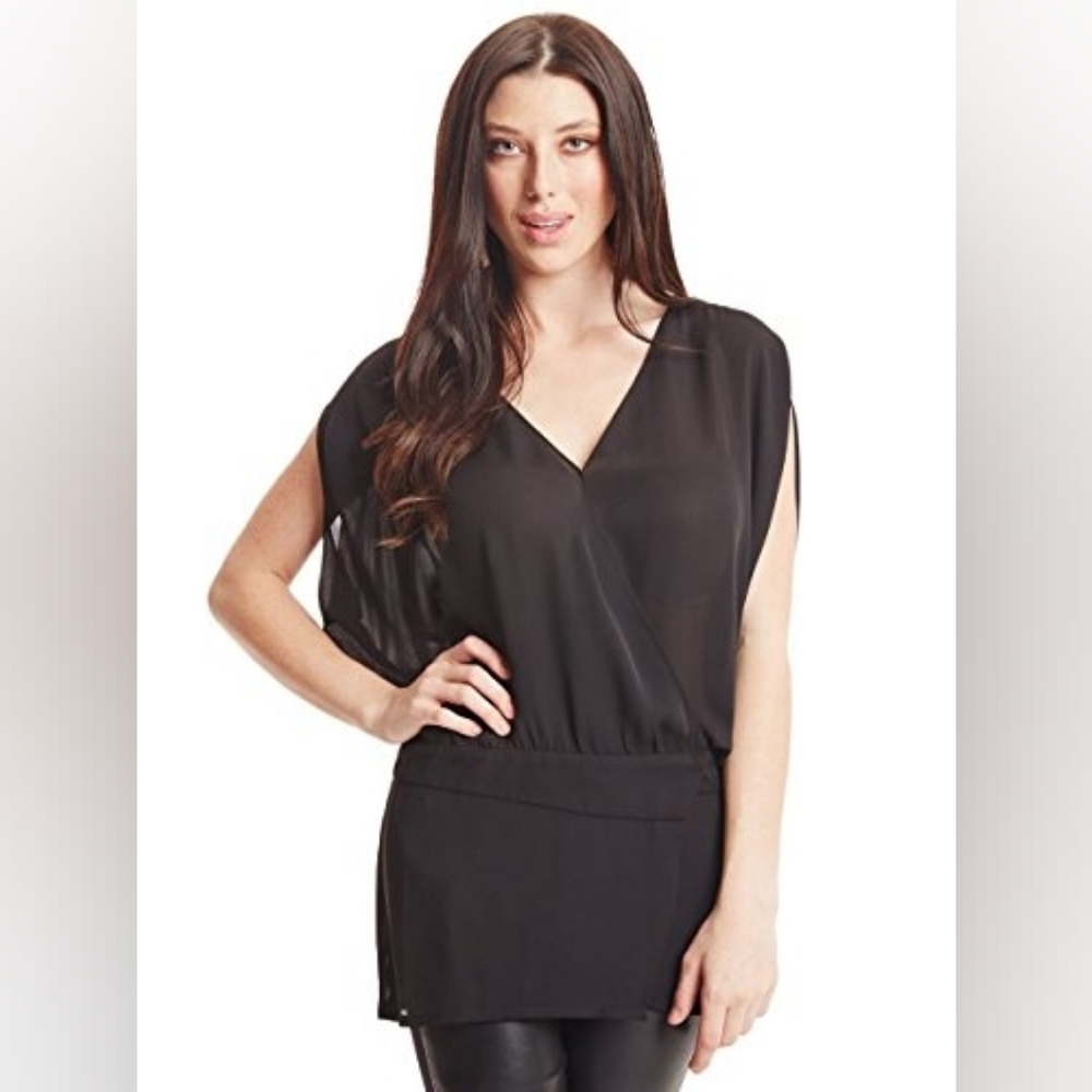 NWT Black Sheer V-Neck Wrap Dolman Style Drop Waist Tunic Top